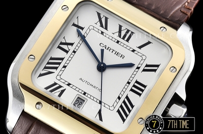 Cartier Santos White Dial with Black Roman Numeral Markers Yellow Gold Plated Bezel Brown Croc Embossed Print Calf Leather Strap