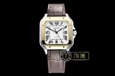 Cartier Santos White Dial with Black Roman Numeral Markers Yellow Gold Plated Bezel Brown Croc Embossed Print Calf Leather Strap