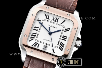 Cartier Santos White Dial with Black Roman Numeral Markers Rose Gold Plated Bezel Brown Croc Embossed Print Calf Leather Strap