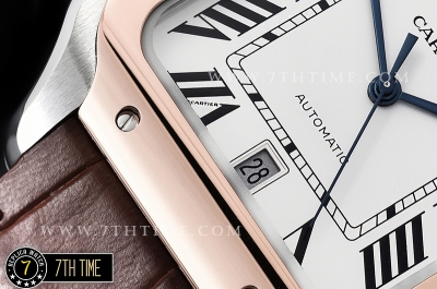 Cartier Santos White Dial with Black Roman Numeral Markers Rose Gold Plated Bezel Brown Croc Embossed Print Calf Leather Strap