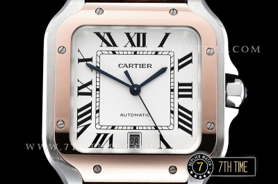Cartier Santos White Dial with Black Roman Numeral Markers Rose Gold Plated Bezel Brown Croc Embossed Print Calf Leather Strap
