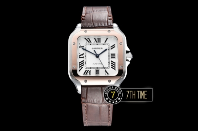 Cartier Santos White Dial with Black Roman Numeral Markers Rose Gold Plated Bezel Brown Croc Embossed Print Calf Leather Strap