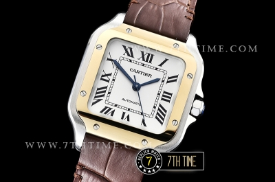 Cartier Santos 35mm White Dial with Black Roman Numeral Markers Yellow Gold Plated Bezel Brown Croc Embossed Print Calf Leather Strap
