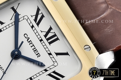 Cartier Santos 35mm White Dial with Black Roman Numeral Markers Yellow Gold Plated Bezel Brown Croc Embossed Print Calf Leather Strap