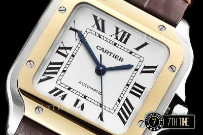 Cartier Santos 35mm White Dial with Black Roman Numeral Markers Yellow Gold Plated Bezel Brown Croc Embossed Print Calf Leather Strap
