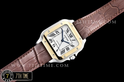Cartier Santos 35mm White Dial with Black Roman Numeral Markers Yellow Gold Plated Bezel Brown Croc Embossed Print Calf Leather Strap