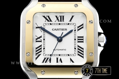 Cartier Santos 35mm White Dial with Black Roman Numeral Markers Yellow Gold Plated Bezel Brown Croc Embossed Print Calf Leather Strap