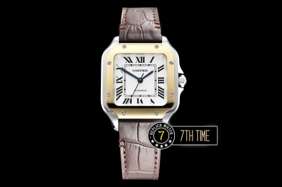 Cartier Santos 35mm White Dial with Black Roman Numeral Markers Yellow Gold Plated Bezel Brown Croc Embossed Print Calf Leather Strap