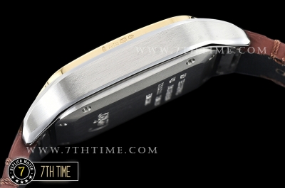 Cartier Santos 35mm White Dial with Black Roman Numeral Markers Yellow Gold Plated Bezel Brown Croc Embossed Print Calf Leather Strap