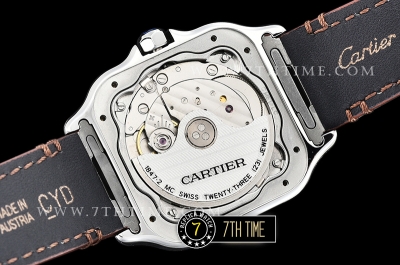 Cartier Santos 35mm White Dial with Black Roman Numeral Markers Yellow Gold Plated Bezel Brown Croc Embossed Print Calf Leather Strap