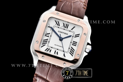 Cartier Santos 35mm White Dial with Black Roman Numeral Markers Rose Gold Plated Bezel Brown Croc Embossed Print Calf Leather Strap