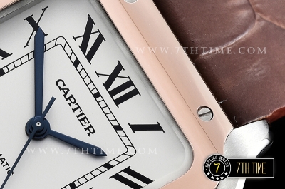 Cartier Santos 35mm White Dial with Black Roman Numeral Markers Rose Gold Plated Bezel Brown Croc Embossed Print Calf Leather Strap