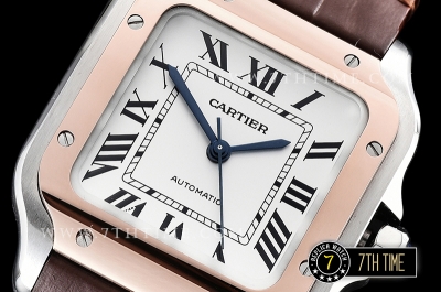Cartier Santos 35mm White Dial with Black Roman Numeral Markers Rose Gold Plated Bezel Brown Croc Embossed Print Calf Leather Strap