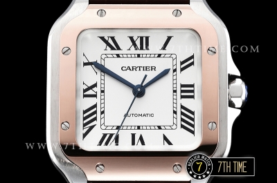 Cartier Santos 35mm White Dial with Black Roman Numeral Markers Rose Gold Plated Bezel Brown Croc Embossed Print Calf Leather Strap