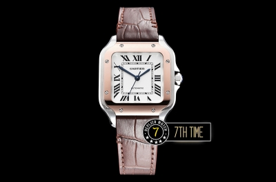 Cartier Santos 35mm White Dial with Black Roman Numeral Markers Rose Gold Plated Bezel Brown Croc Embossed Print Calf Leather Strap