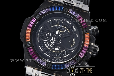 Hublot Big Bang Unico Sapphire Skeletonal Dial with Numeral Markers & Black Rehaut Baguette Rainbow Colored Gems Bezel