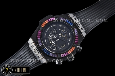 Hublot Big Bang Unico Sapphire Skeletonal Dial with Numeral Markers & Black Rehaut Baguette Rainbow Colored Gems Bezel