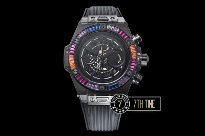 Hublot Big Bang Unico Sapphire Skeletonal Dial with Numeral Markers & Black Rehaut Baguette Rainbow Colored Gems Bezel