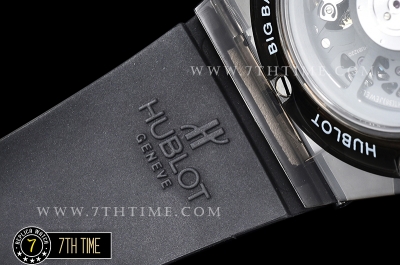 Hublot Big Bang Unico Sapphire Skeletonal Dial with Numeral Markers & Black Rehaut Baguette Rainbow Colored Gems Bezel