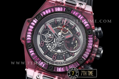 Hublot Big Bang Unico Sapphire Skeletonal Dial with Numeral Markers & Black Rehaut Baguette Red Gems Bezel