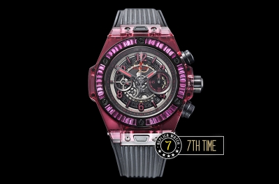 Hublot Big Bang Unico Sapphire Skeletonal Dial with Numeral Markers & Black Rehaut Baguette Red Gems Bezel