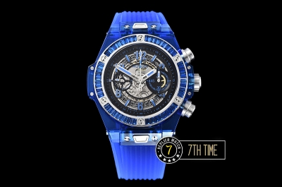 Hublot Big Bang Unico Sapphire Skeletonal Dial with Numeral Markers & Black Rehaut Baguette Blue Gems Bezel