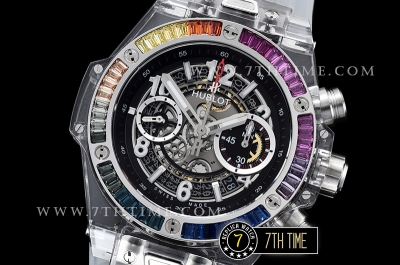 Hublot Big Bang Unico Sapphire Plastics Transparent Case Kit  Baguette Rainbow Colored Gems Bezel Skeletonal Dial with Numeral Markers