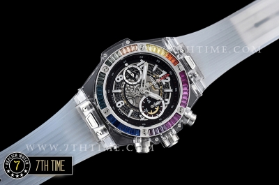 Hublot Big Bang Unico Sapphire Plastics Transparent Case Kit  Baguette Rainbow Colored Gems Bezel Skeletonal Dial with Numeral Markers