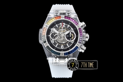 Hublot Big Bang Unico Sapphire Plastics Transparent Case Kit  Baguette Rainbow Colored Gems Bezel Skeletonal Dial with Numeral Markers