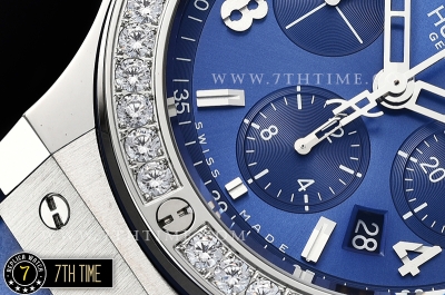 Big Bang Evolution Blue Dial with SS Stick/Numeral Markers SRound Diamonds Encrusted Bezel Blue Gummy Leather