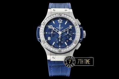 Big Bang Evolution Blue Dial with SS Stick/Numeral Markers SRound Diamonds Encrusted Bezel Blue Gummy Leather