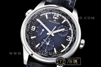 Jaeger Lecoultre Polaris Geographic Blue Dial Stick Markers Black Croc Print Calf Leather Strap
