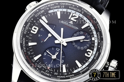 Jaeger Lecoultre Polaris Geographic Blue Dial Stick Markers Black Croc Print Calf Leather Strap