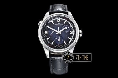 Jaeger Lecoultre Polaris Geographic Blue Dial Stick Markers Black Croc Print Calf Leather Strap