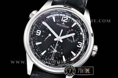 Jaeger Lecoultre Polaris Geographic Black Dial Stick Markers Black Croc Print Calf Leather Strap