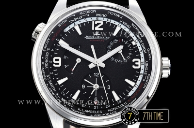 Jaeger Lecoultre Polaris Geographic Black Dial Stick Markers Black Croc Print Calf Leather Strap