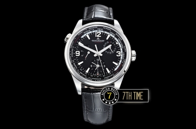 Jaeger Lecoultre Polaris Geographic Black Dial Stick Markers Black Croc Print Calf Leather Strap