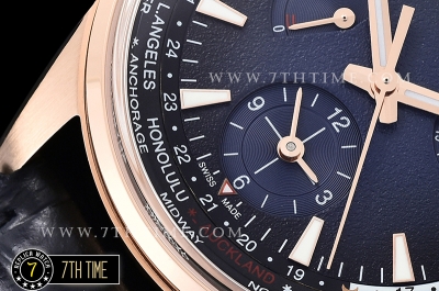 Jaeger Lecoultre Polaris Geographic Blue Dial Stick Markers 18K Rose Gold Thick Plated Case Black Croc Print Calf Leather Strap