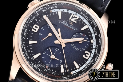 Jaeger Lecoultre Polaris Geographic Blue Dial Stick Markers 18K Rose Gold Thick Plated Case Black Croc Print Calf Leather Strap
