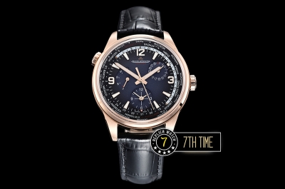 Jaeger Lecoultre Polaris Geographic Blue Dial Stick Markers 18K Rose Gold Thick Plated Case Black Croc Print Calf Leather Strap