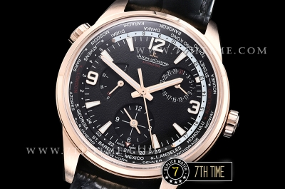 Jaeger Lecoultre Polaris Geographic Black Dial Stick Markers 18K Rose Gold Thick Plated Case Black Croc Print Calf Leather Strap