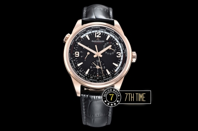Jaeger Lecoultre Polaris Geographic Black Dial Stick Markers 18K Rose Gold Thick Plated Case Black Croc Print Calf Leather Strap