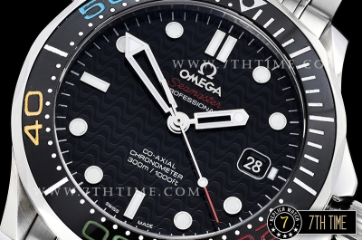 Seamaster Diver 300m Black Ceramic Bezel with Colored Numerals Black Dial with Dot Markers & Wavy Motif Solid Stainless Steel 316F Bracelet