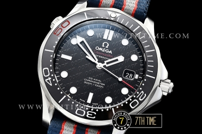Seamaster Diver 300m 007 James Bond 50th Black Ceramic with Red "50" Bezel Black Dial with Dot Markers with Special 007 Motif Special Omega Commander Limited Edition Nylon Strap