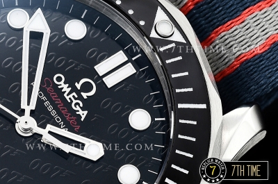 Seamaster Diver 300m 007 James Bond 50th Black Ceramic with Red "50" Bezel Black Dial with Dot Markers with Special 007 Motif Special Omega Commander Limited Edition Nylon Strap