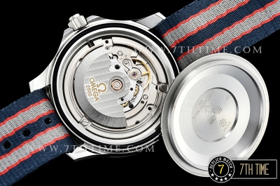 Seamaster Diver 300m 007 James Bond 50th Black Ceramic with Red "50" Bezel Black Dial with Dot Markers with Special 007 Motif Special Omega Commander Limited Edition Nylon Strap