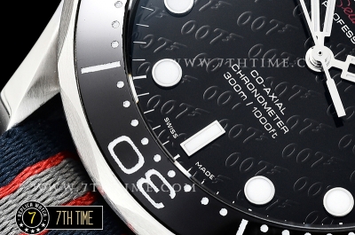 Seamaster Diver 300m 007 James Bond 50th Black Ceramic with Red "50" Bezel Black Dial with Dot Markers with Special 007 Motif Special Omega Commander Limited Edition Nylon Strap
