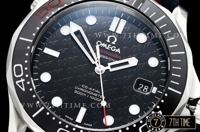 Seamaster Diver 300m 007 James Bond 50th Black Ceramic with Red "50" Bezel Black Dial with Dot Markers with Special 007 Motif Special Omega Commander Limited Edition Nylon Strap