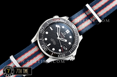 Seamaster Diver 300m 007 James Bond 50th Black Ceramic with Red "50" Bezel Black Dial with Dot Markers with Special 007 Motif Special Omega Commander Limited Edition Nylon Strap
