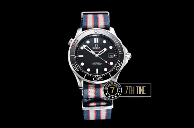 Seamaster Diver 300m 007 James Bond 50th Black Ceramic with Red "50" Bezel Black Dial with Dot Markers with Special 007 Motif Special Omega Commander Limited Edition Nylon Strap